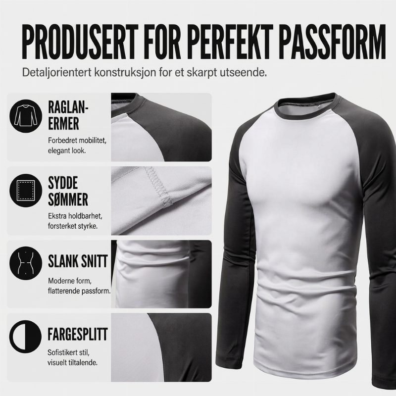 Langermet raglan-T-skjorte for menn med fargeblokkdesign