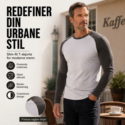 Langermet raglan-T-skjorte for menn med fargeblokkdesign