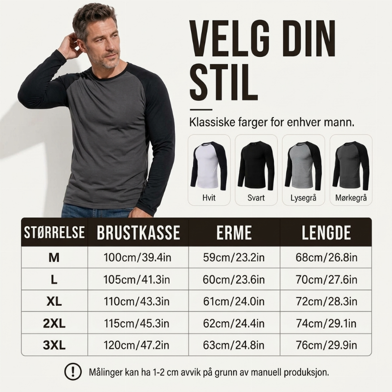 Langermet raglan-T-skjorte for menn med fargeblokkdesign