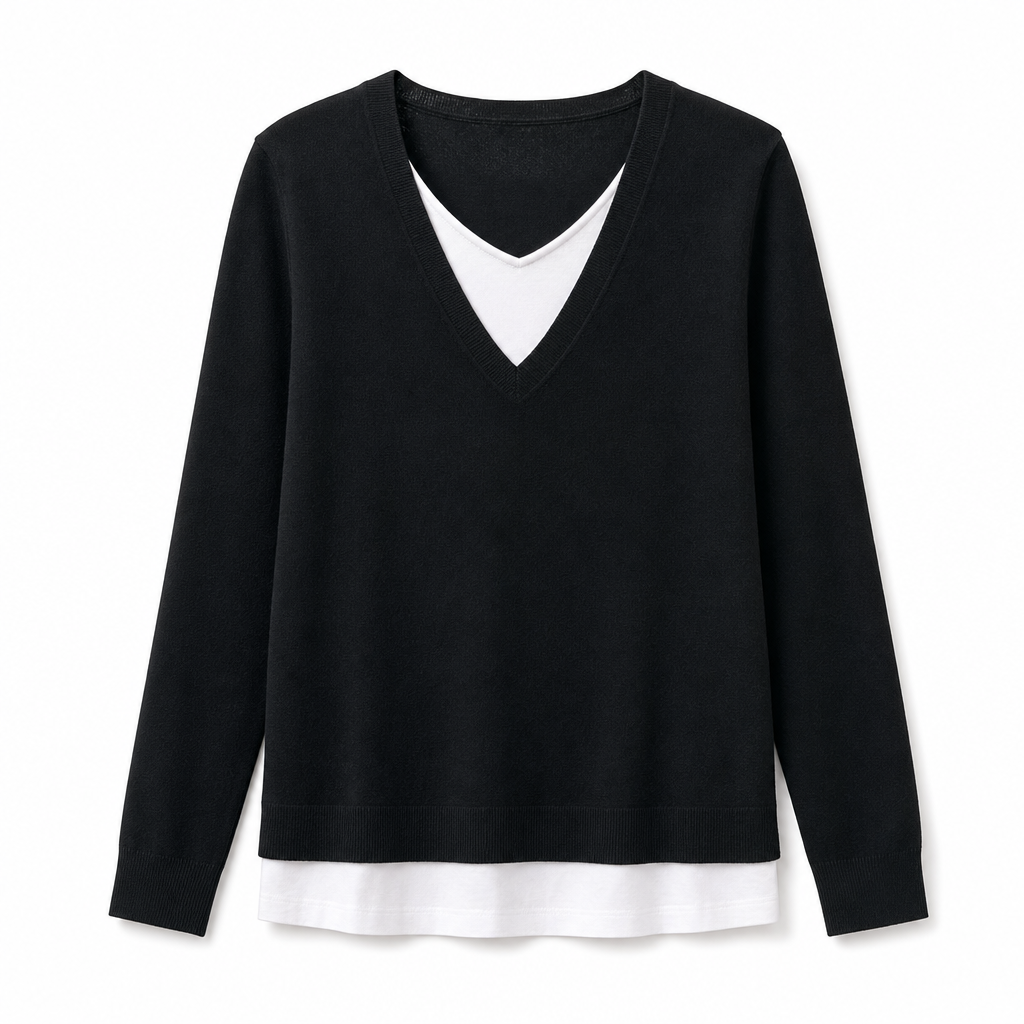 Damelig strikket topp i falsk to-delt design med V-hals
