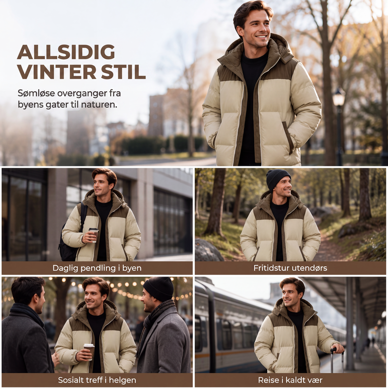 Vinter dunjakke med hette for menn, fargeblokkdesign
