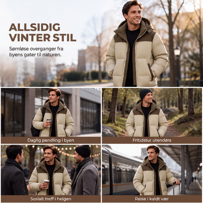 Vinter dunjakke med hette for menn, fargeblokkdesign