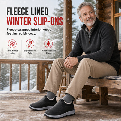 Vinterfottøy for menn med fleecefôr, vanntette slip-on-sko med sklisikker, myk såle – varme, uformelle sko i bomullsstoff for eldre