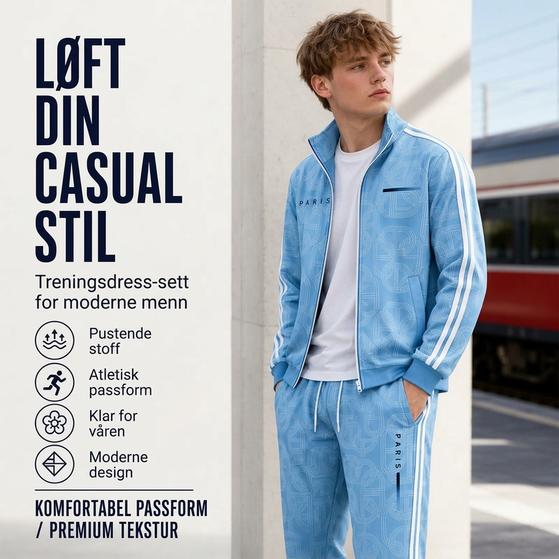Sett med helglidelås jakke og bukser for menn med geometrisk trykk