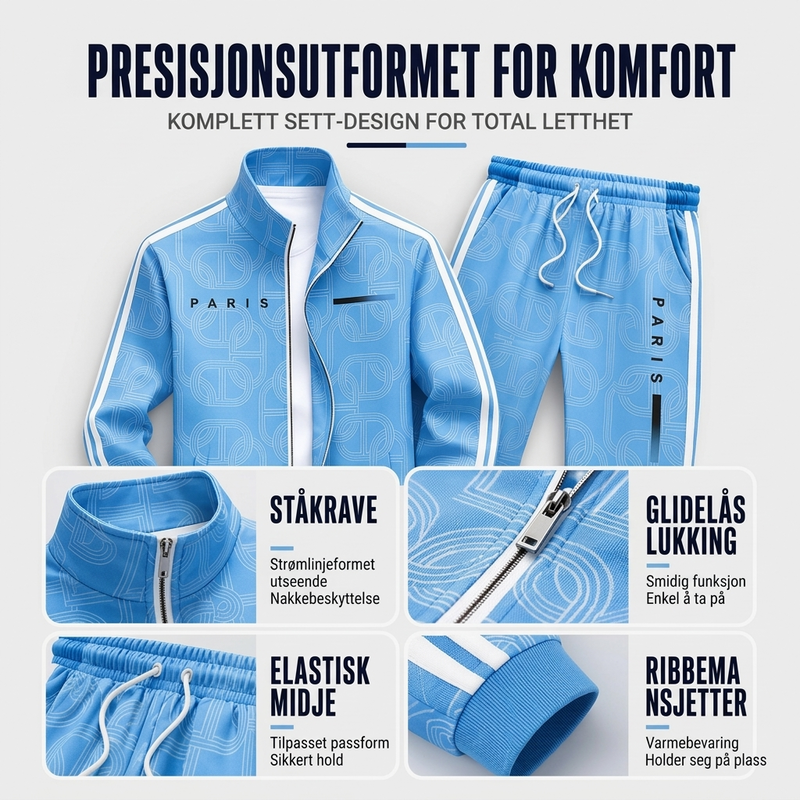 Sett med helglidelås jakke og bukser for menn med geometrisk trykk