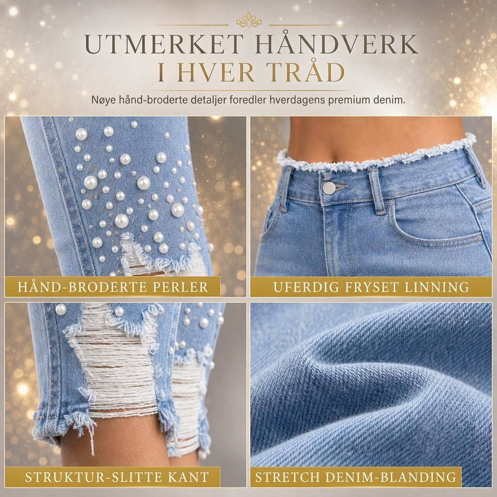 Lyseblå skinnyjeans til kvinner med perlepynt, smal passform, rå og frynsete midje og slitte, revne ankelmansjetter