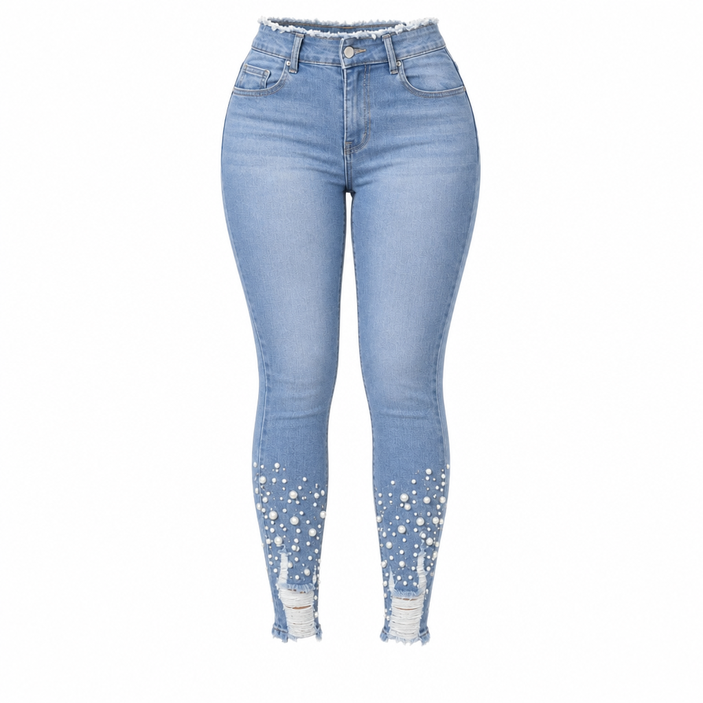 Lyseblå skinnyjeans til kvinner med perlepynt, smal passform, rå og frynsete midje og slitte, revne ankelmansjetter