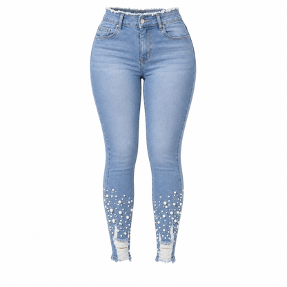 Lyseblå skinnyjeans til kvinner med perlepynt, smal passform, rå og frynsete midje og slitte, revne ankelmansjetter