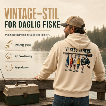 Herre retro fiskegrafisk hettegenser – avslappet passform, myk bomullsblanding av frottee med lommelomme