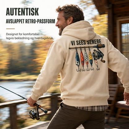 Herre retro fiskegrafisk hettegenser – avslappet passform, myk bomullsblanding av frottee med lommelomme