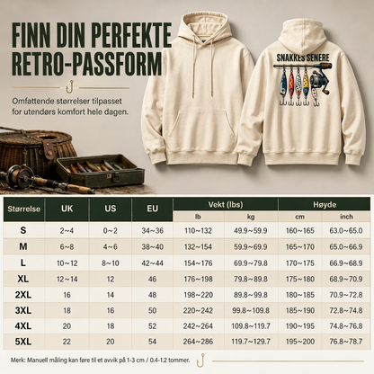 Herre retro fiskegrafisk hettegenser – avslappet passform, myk bomullsblanding av frottee med lommelomme