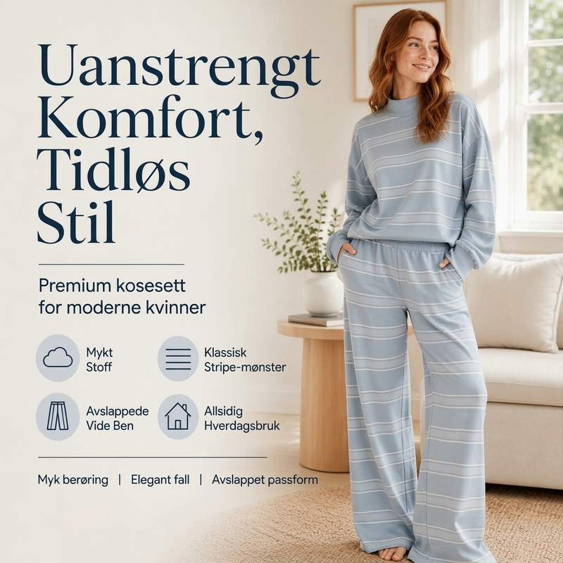 Damesett med stripet topps med mock neck og bredbuksdeksel