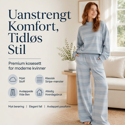 Damesett med stripet topps med mock neck og bredbuksdeksel
