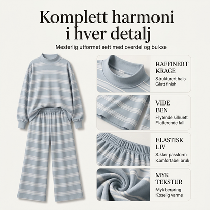 Damesett med stripet topps med mock neck og bredbuksdeksel
