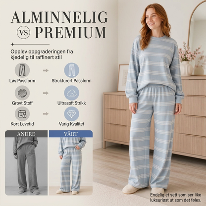 Damesett med stripet topps med mock neck og bredbuksdeksel