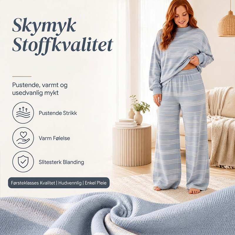 Damesett med stripet topps med mock neck og bredbuksdeksel