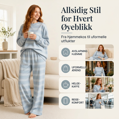 Damesett med stripet topps med mock neck og bredbuksdeksel