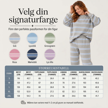 Damesett med stripet topps med mock neck og bredbuksdeksel