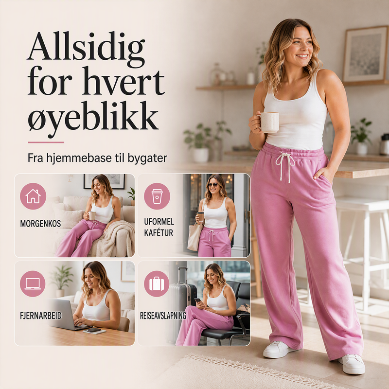 Uformelle joggebukser med høyt liv og brede ben til dame