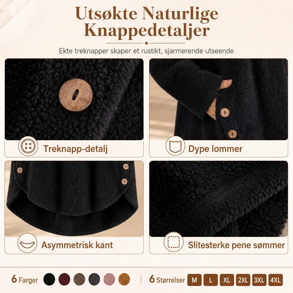 Vinterfrakk for kvinner i solid farge med asymmetrisk knappelukking og myk, fluffy fleece