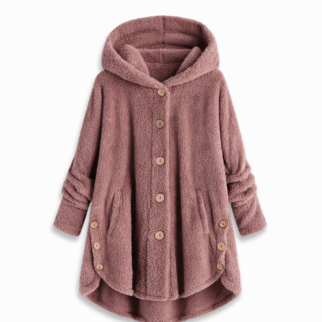 Vinterfrakk for kvinner i solid farge med asymmetrisk knappelukking og myk, fluffy fleece