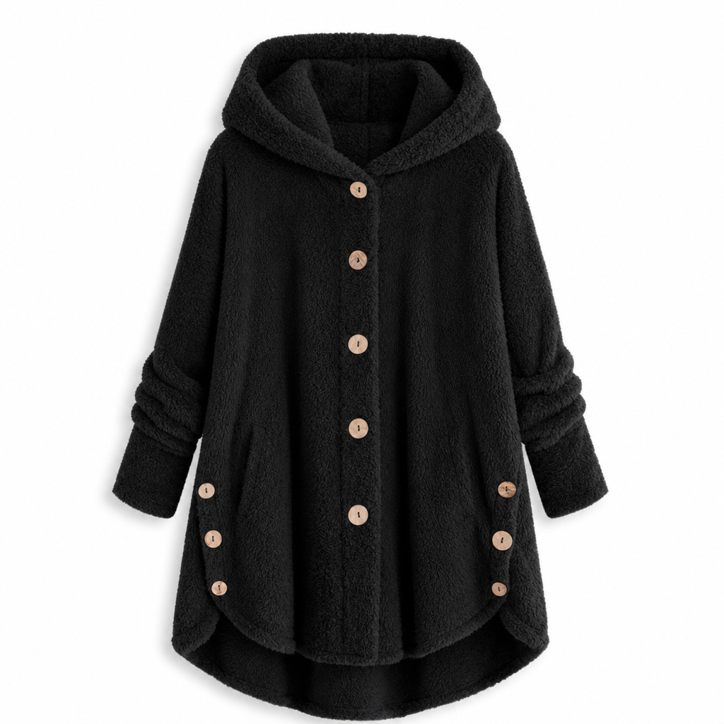 Vinterfrakk for kvinner i solid farge med asymmetrisk knappelukking og myk, fluffy fleece