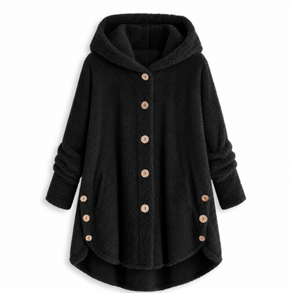 Vinterfrakk for kvinner i solid farge med asymmetrisk knappelukking og myk, fluffy fleece