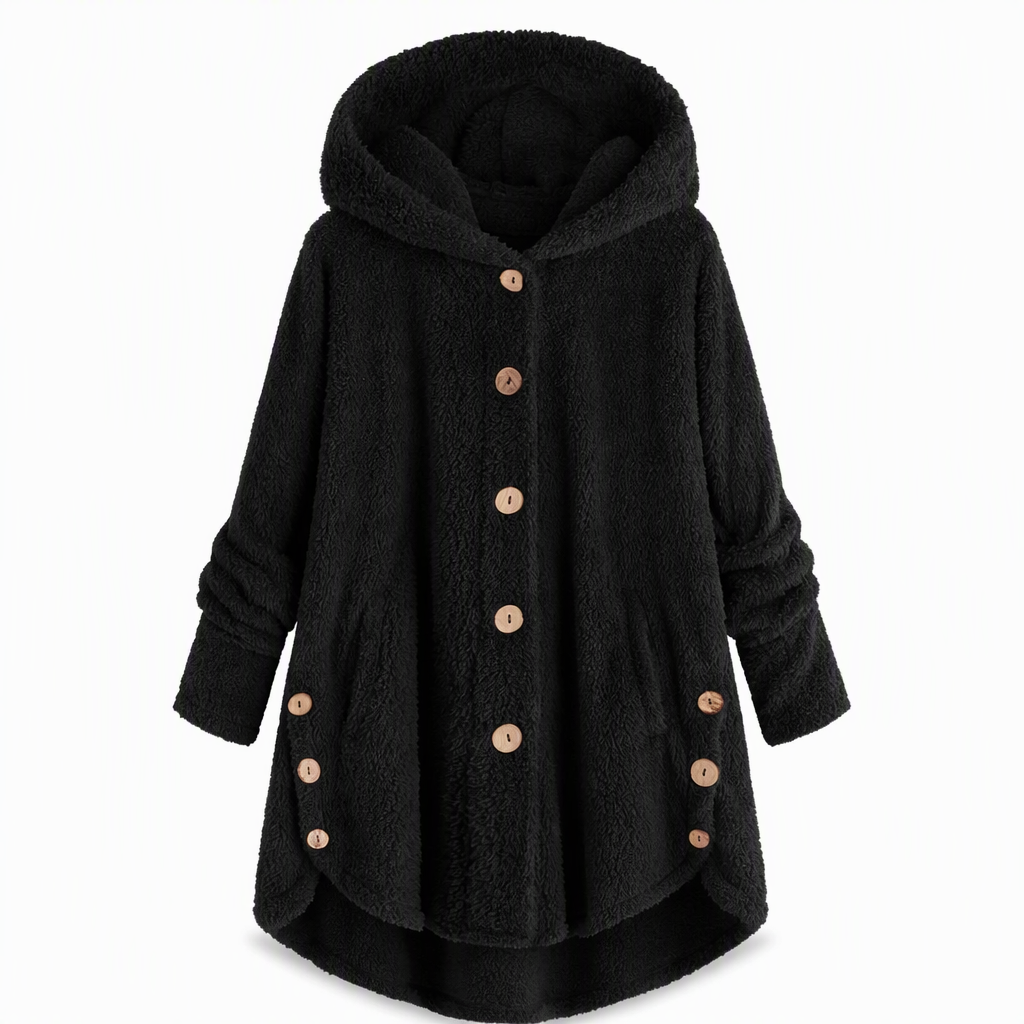 Vinterfrakk for kvinner i solid farge med asymmetrisk knappelukking og myk, fluffy fleece