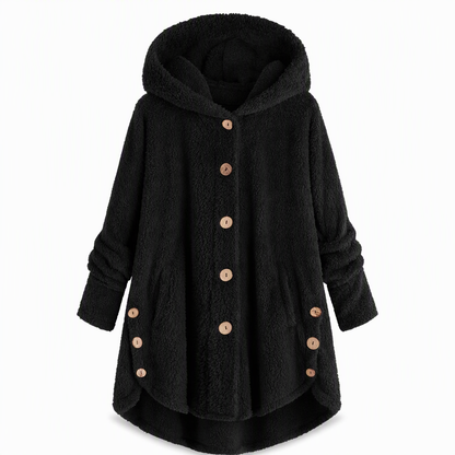 Vinterfrakk for kvinner i solid farge med asymmetrisk knappelukking og myk, fluffy fleece