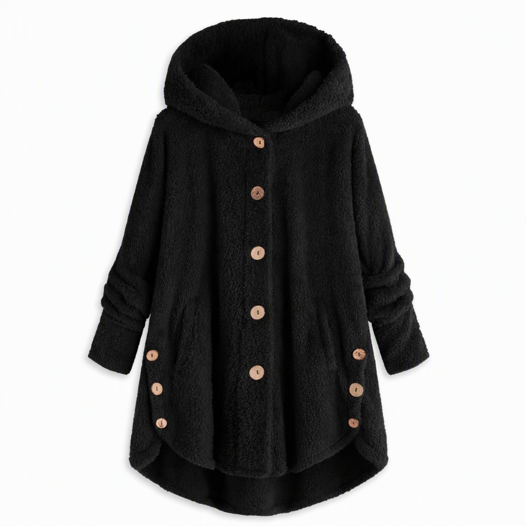 Vinterfrakk for kvinner i solid farge med asymmetrisk knappelukking og myk, fluffy fleece