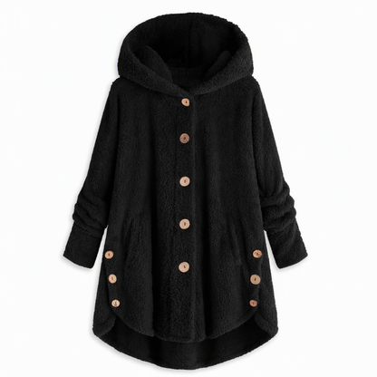 Vinterfrakk for kvinner i solid farge med asymmetrisk knappelukking og myk, fluffy fleece