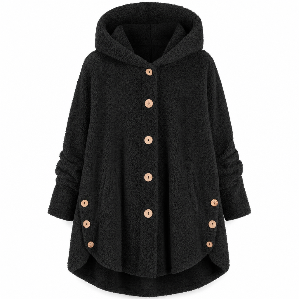 Vinterfrakk for kvinner i solid farge med asymmetrisk knappelukking og myk, fluffy fleece