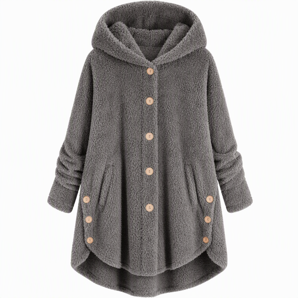 Vinterfrakk for kvinner i solid farge med asymmetrisk knappelukking og myk, fluffy fleece