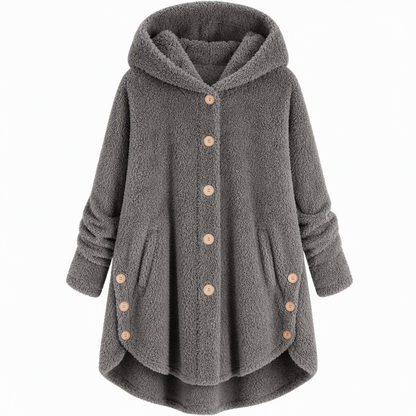 Vinterfrakk for kvinner i solid farge med asymmetrisk knappelukking og myk, fluffy fleece