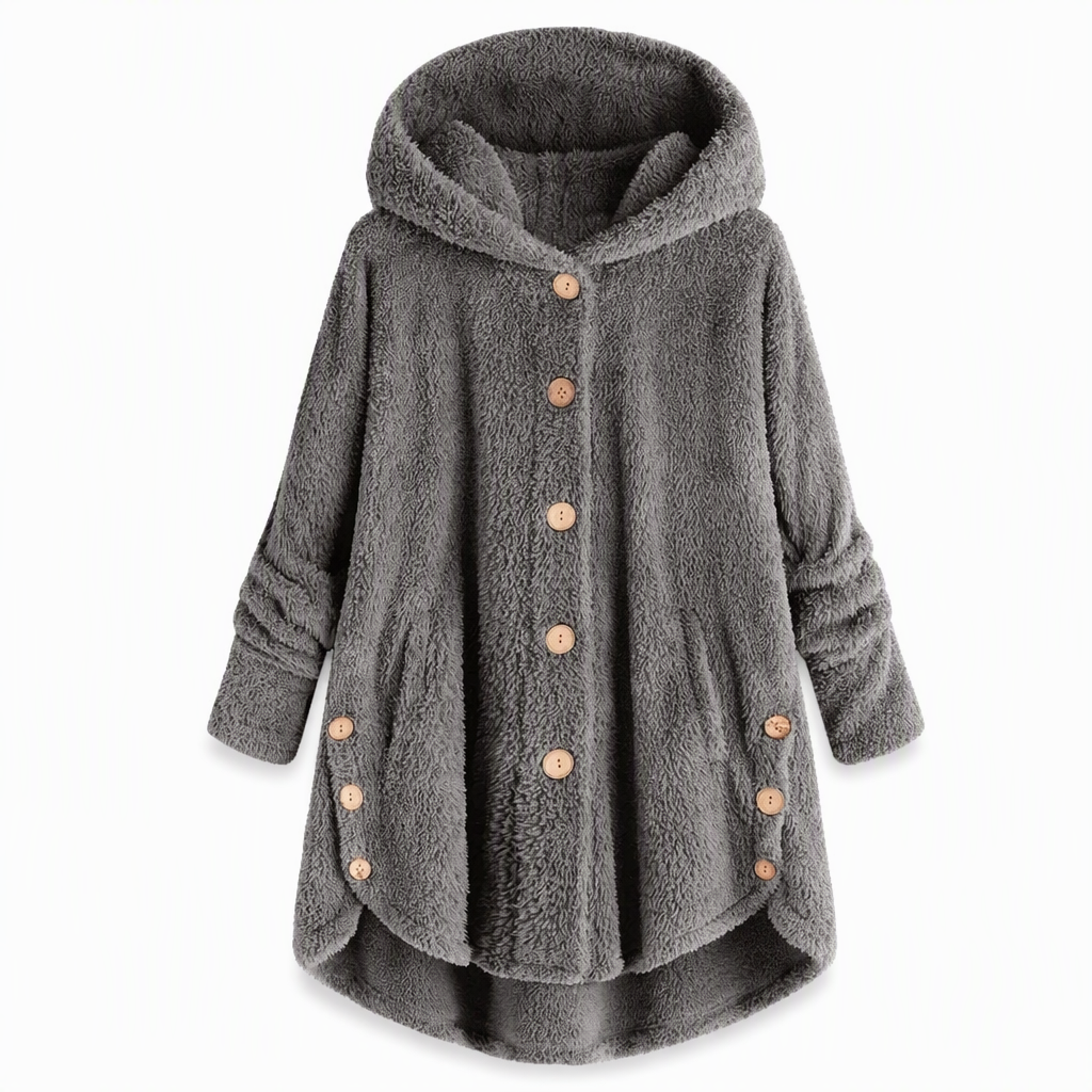 Vinterfrakk for kvinner i solid farge med asymmetrisk knappelukking og myk, fluffy fleece