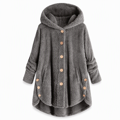 Vinterfrakk for kvinner i solid farge med asymmetrisk knappelukking og myk, fluffy fleece