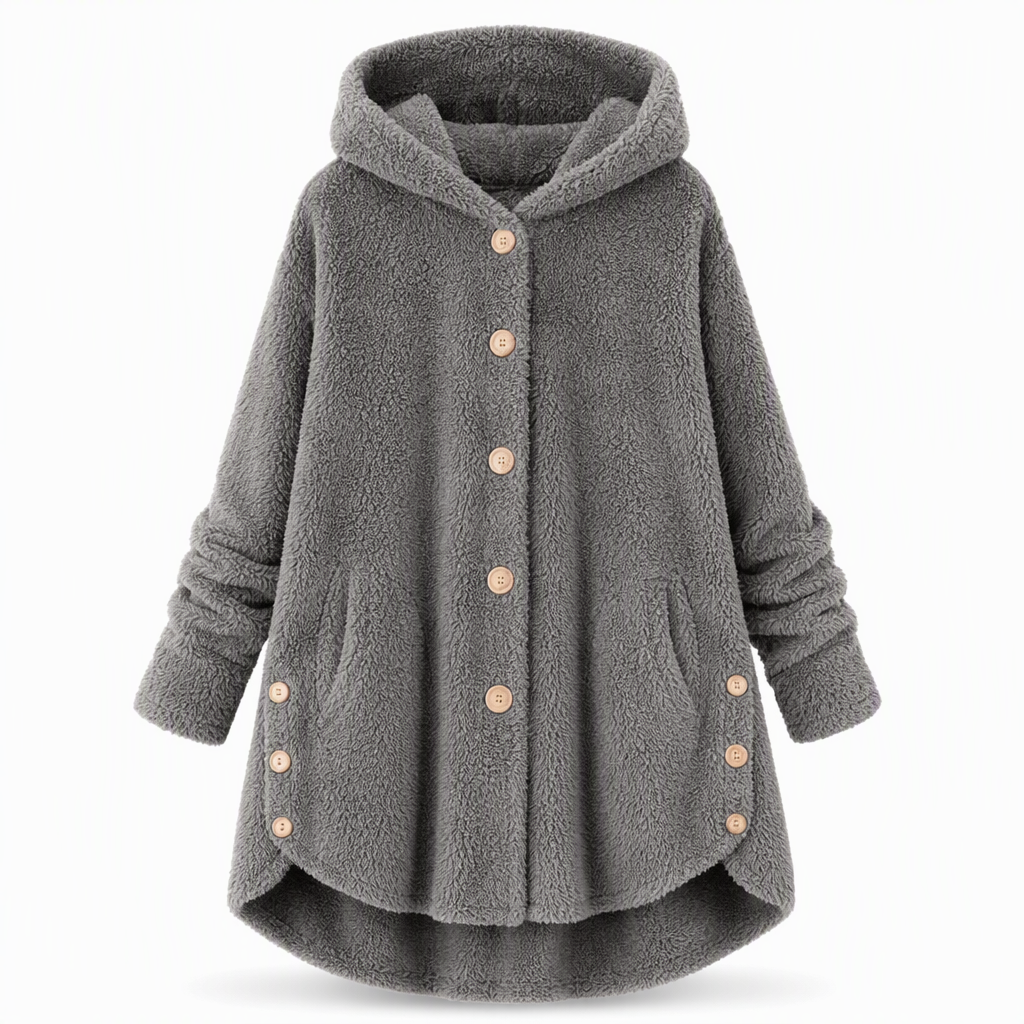 Vinterfrakk for kvinner i solid farge med asymmetrisk knappelukking og myk, fluffy fleece