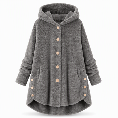 Vinterfrakk for kvinner i solid farge med asymmetrisk knappelukking og myk, fluffy fleece