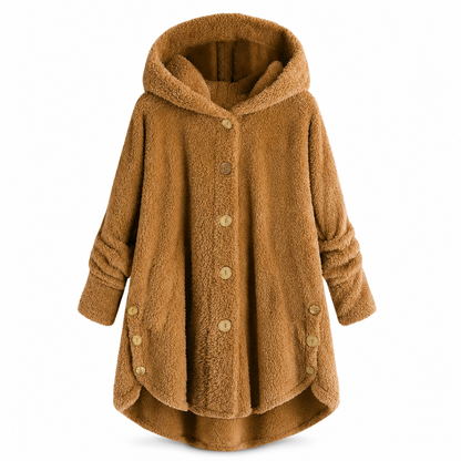 Vinterfrakk for kvinner i solid farge med asymmetrisk knappelukking og myk, fluffy fleece