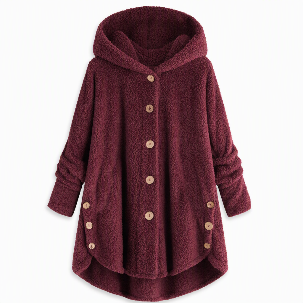 Vinterfrakk for kvinner i solid farge med asymmetrisk knappelukking og myk, fluffy fleece