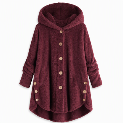 Vinterfrakk for kvinner i solid farge med asymmetrisk knappelukking og myk, fluffy fleece
