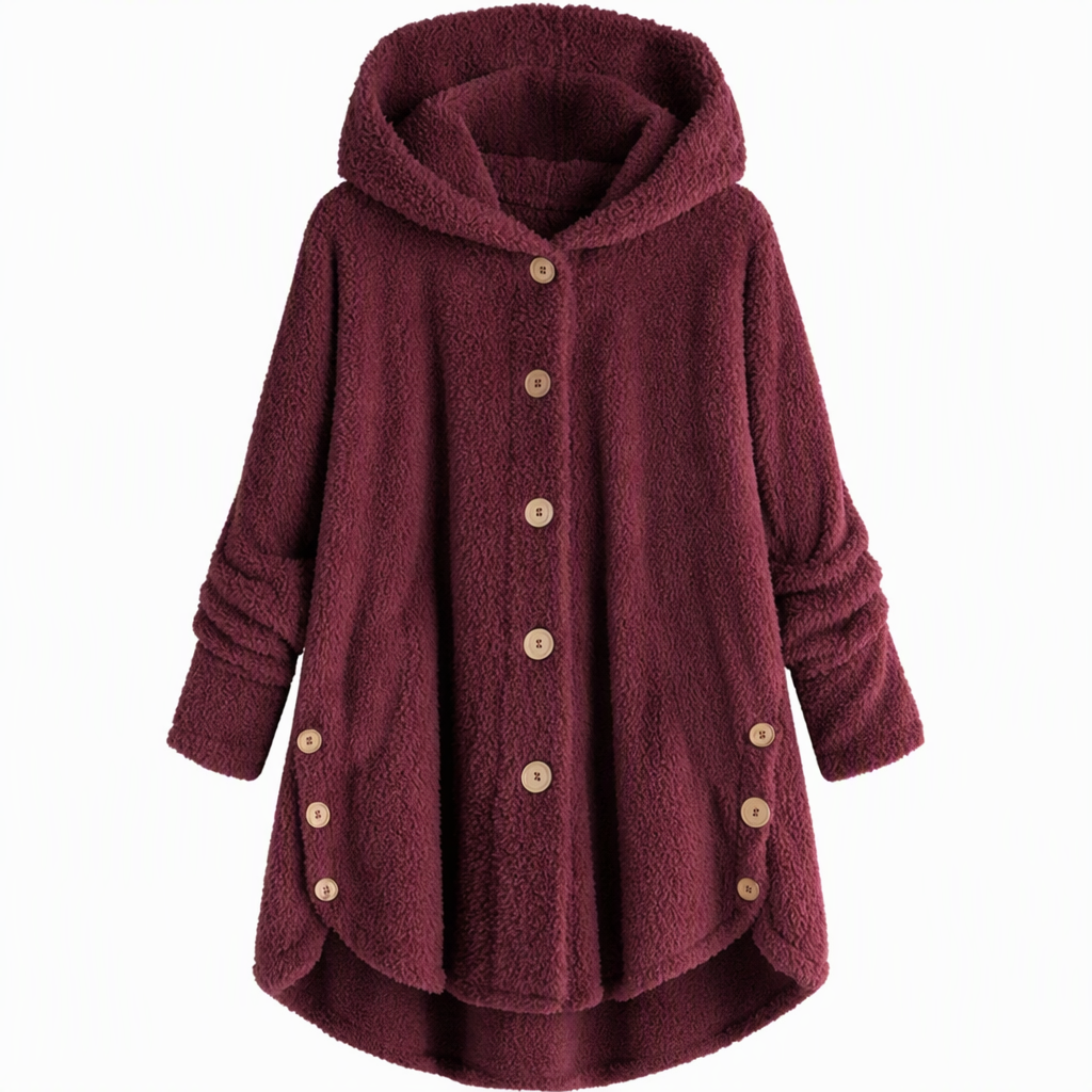 Vinterfrakk for kvinner i solid farge med asymmetrisk knappelukking og myk, fluffy fleece