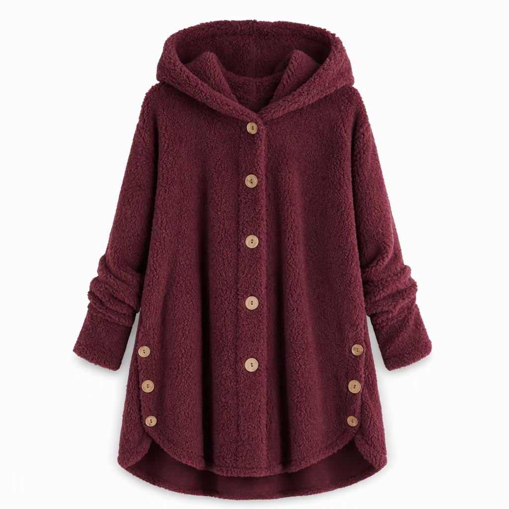 Vinterfrakk for kvinner i solid farge med asymmetrisk knappelukking og myk, fluffy fleece