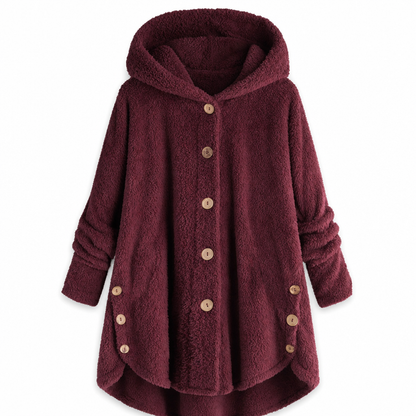 Vinterfrakk for kvinner i solid farge med asymmetrisk knappelukking og myk, fluffy fleece