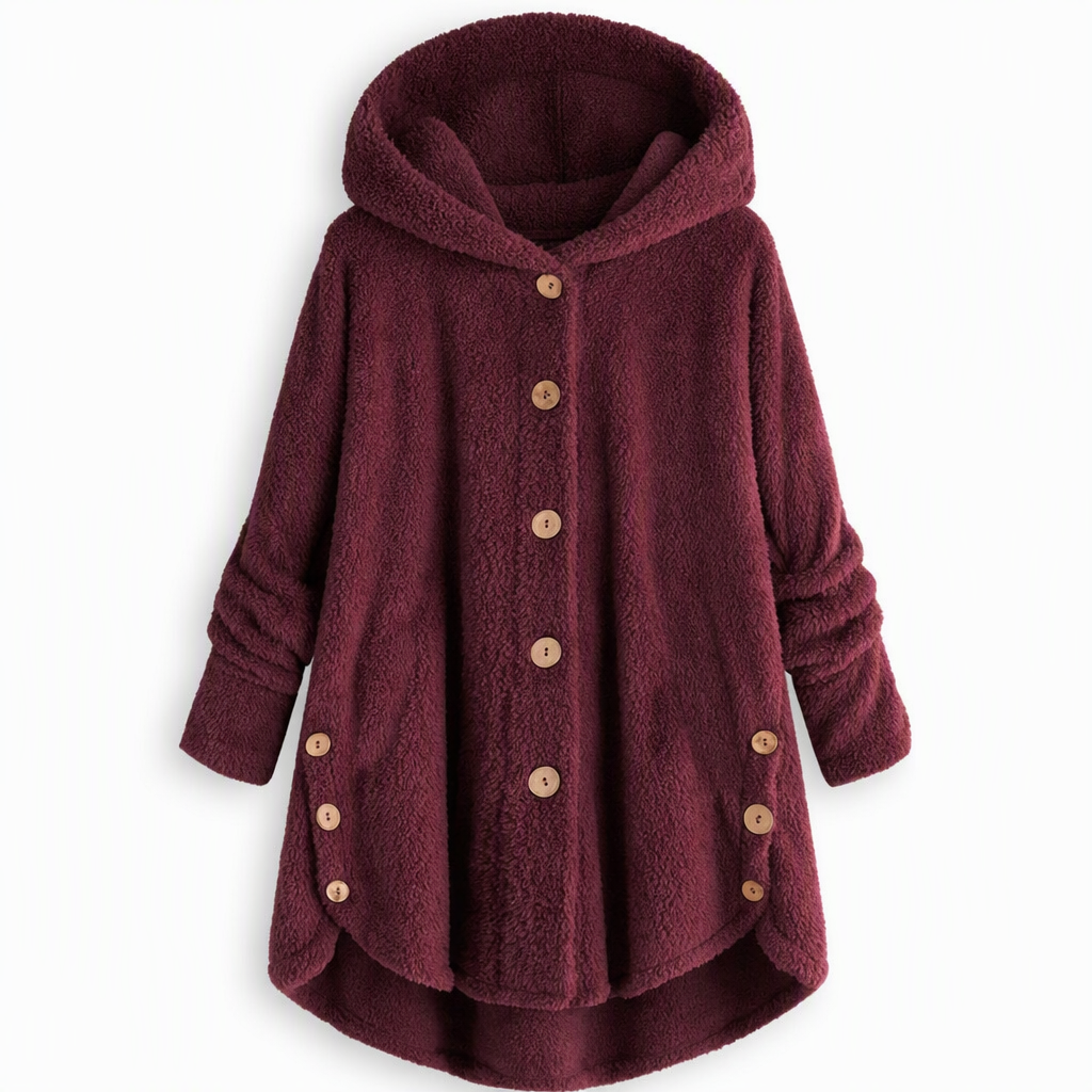 Vinterfrakk for kvinner i solid farge med asymmetrisk knappelukking og myk, fluffy fleece