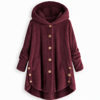 Vinterfrakk for kvinner i solid farge med asymmetrisk knappelukking og myk, fluffy fleece