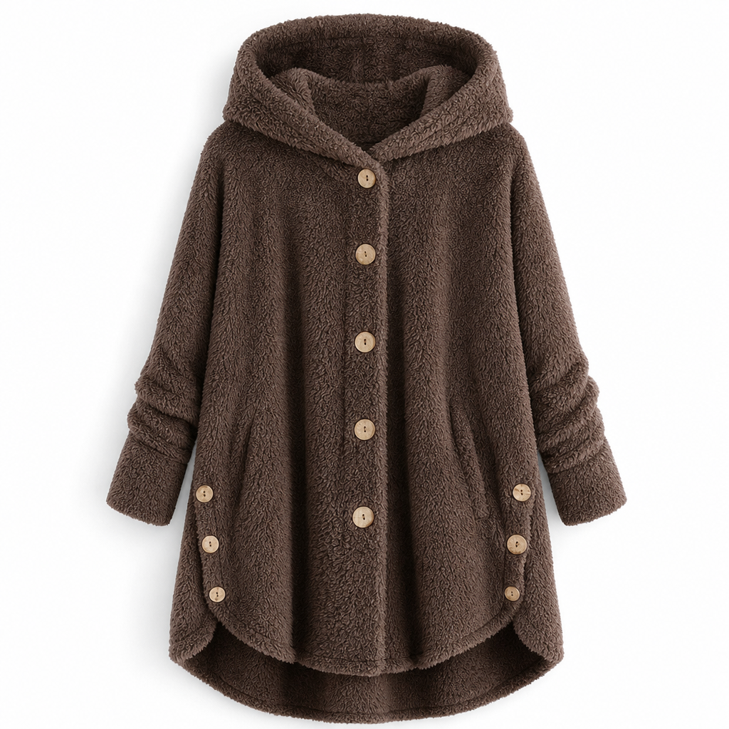 Vinterfrakk for kvinner i solid farge med asymmetrisk knappelukking og myk, fluffy fleece