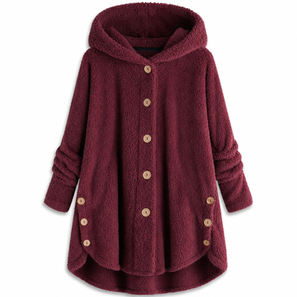 Vinterfrakk for kvinner i solid farge med asymmetrisk knappelukking og myk, fluffy fleece