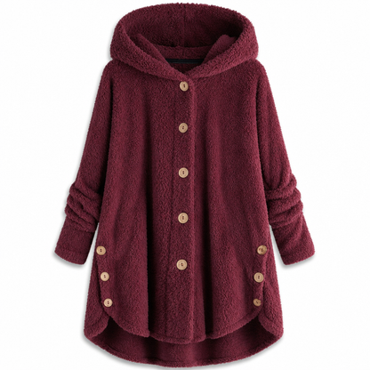 Vinterfrakk for kvinner i solid farge med asymmetrisk knappelukking og myk, fluffy fleece