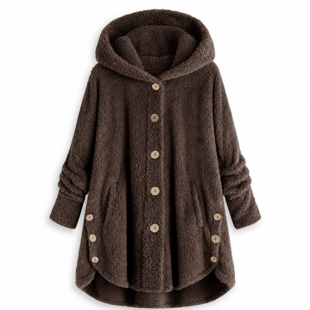 Vinterfrakk for kvinner i solid farge med asymmetrisk knappelukking og myk, fluffy fleece